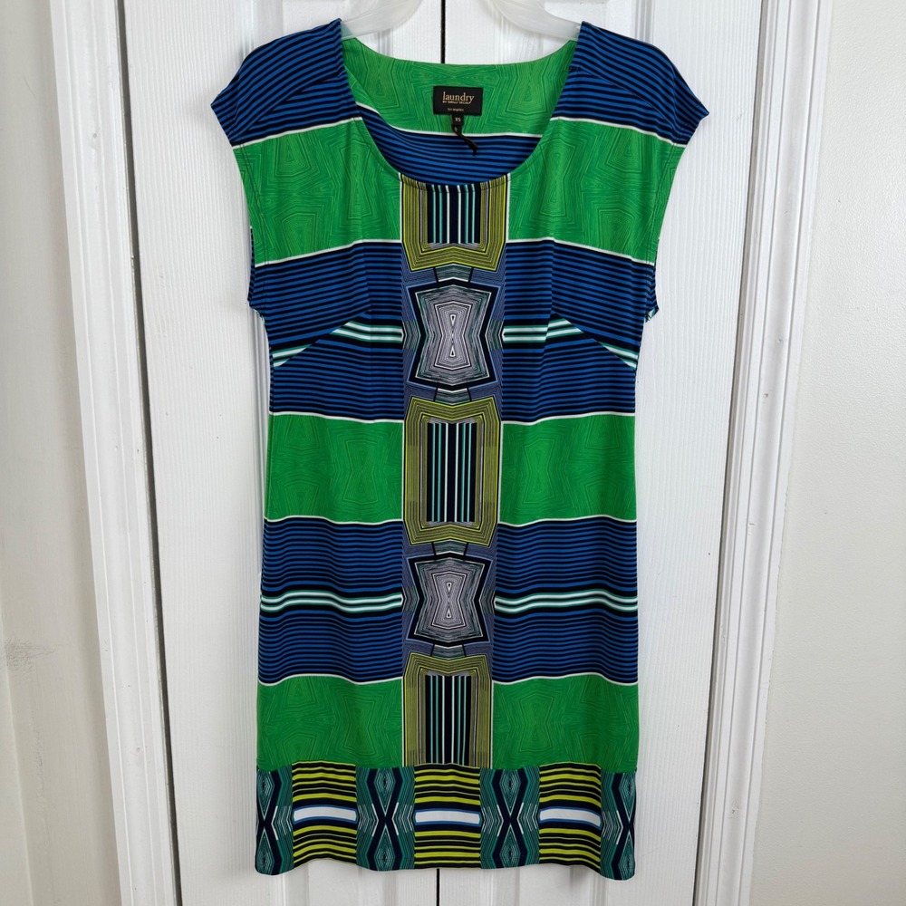Laundry‎ by Shelli Segal Green Blue Geometric Stripe Cap Sleeve Shift Dress XS